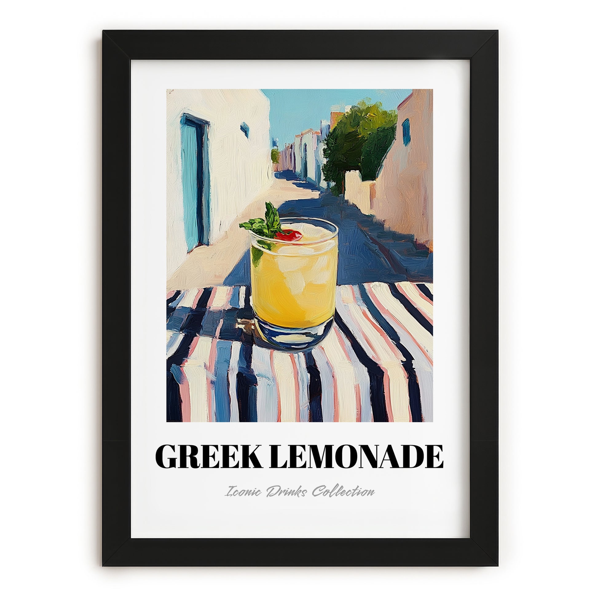 Greek Lemonade – Greek Outdoor Café Scene, Greek Lemonade Wall Poster, in sleek black frame