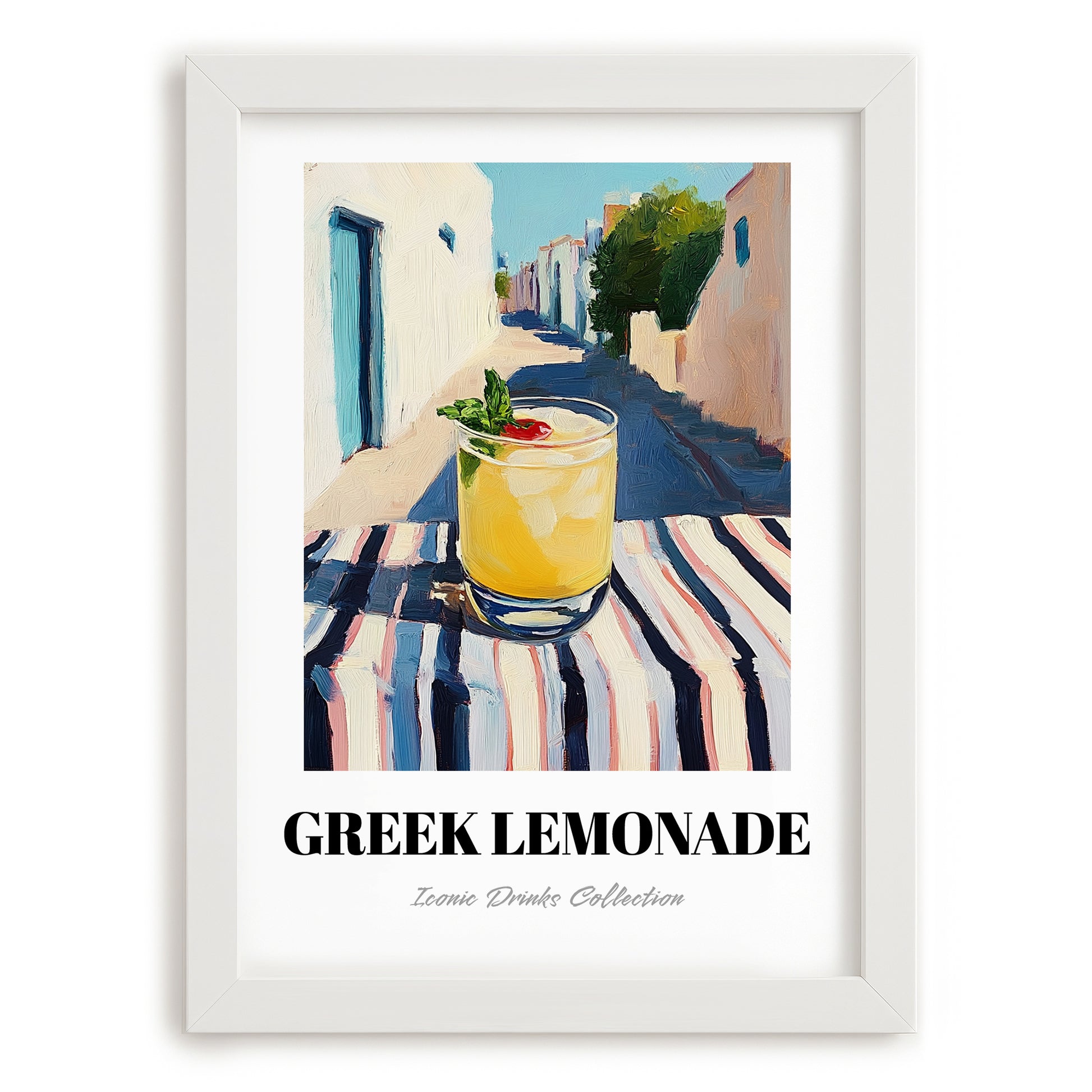 Greek Lemonade – Greek Outdoor Café Scene, Greek Lemonade Wall Poster, placed in minimal white frame