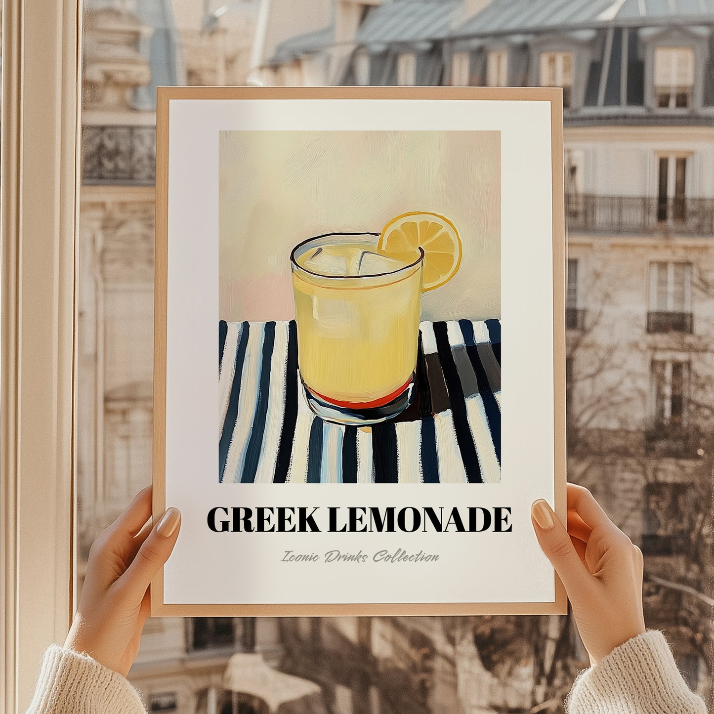 Greek Lemonade – on Striped Tablecloth, Greek Lemonade Still Life, styled in a charming Paris street view