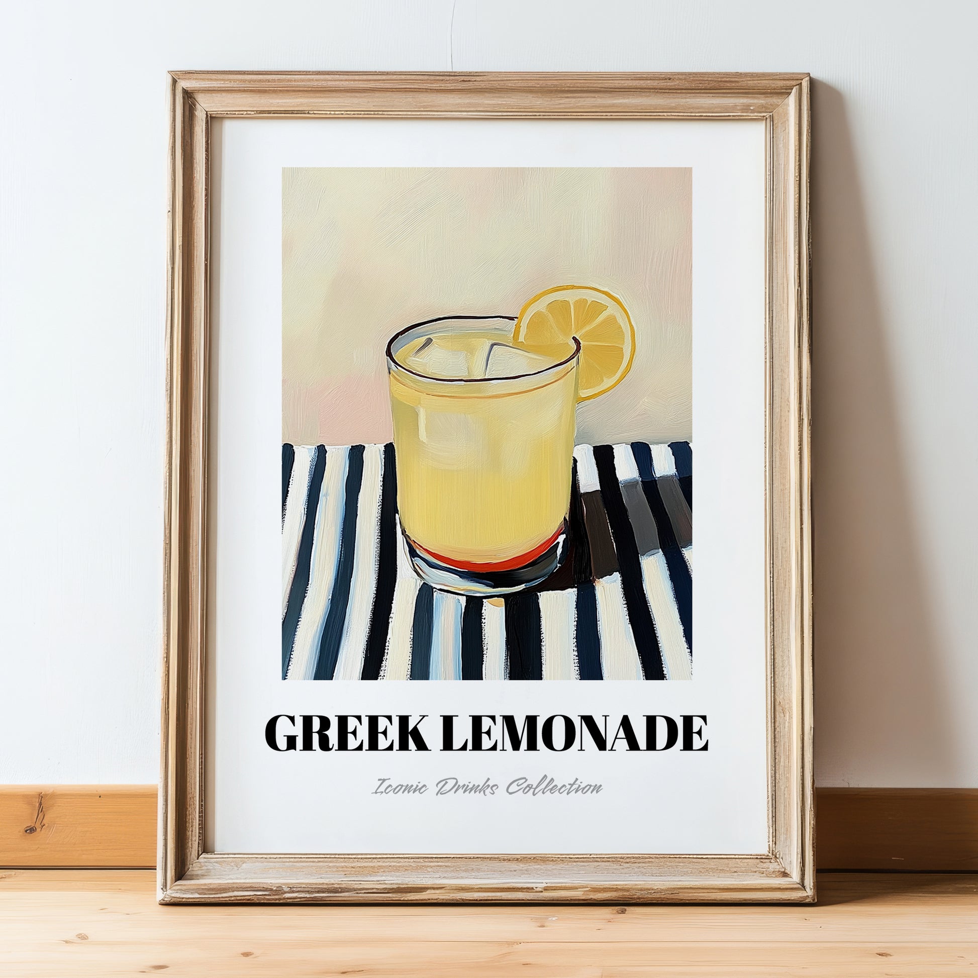 Greek Lemonade – on Striped Tablecloth, Greek Lemonade Still Life, in wooden frame leaning on the floor