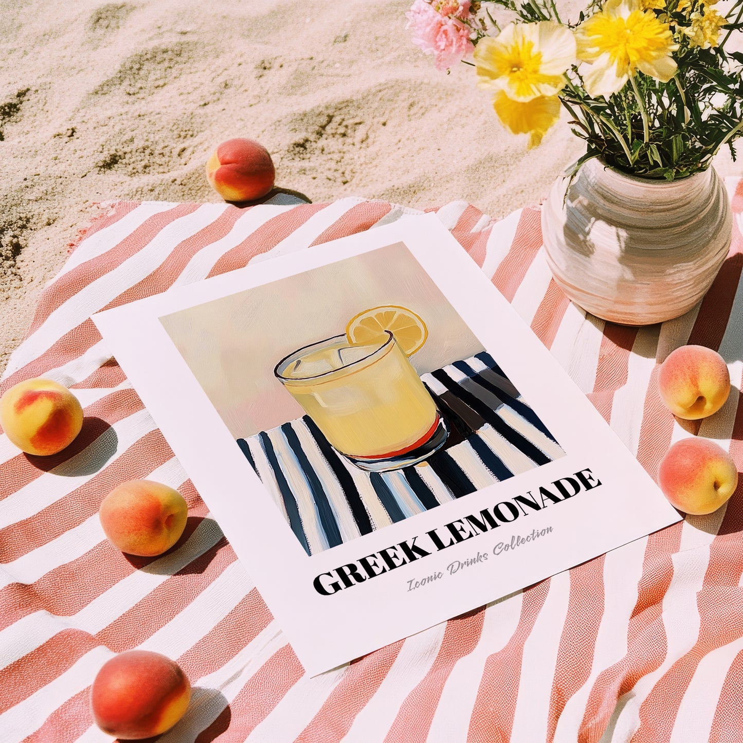 Greek Lemonade – on Striped Tablecloth, Greek Lemonade Still Life, unframed on coastal sand