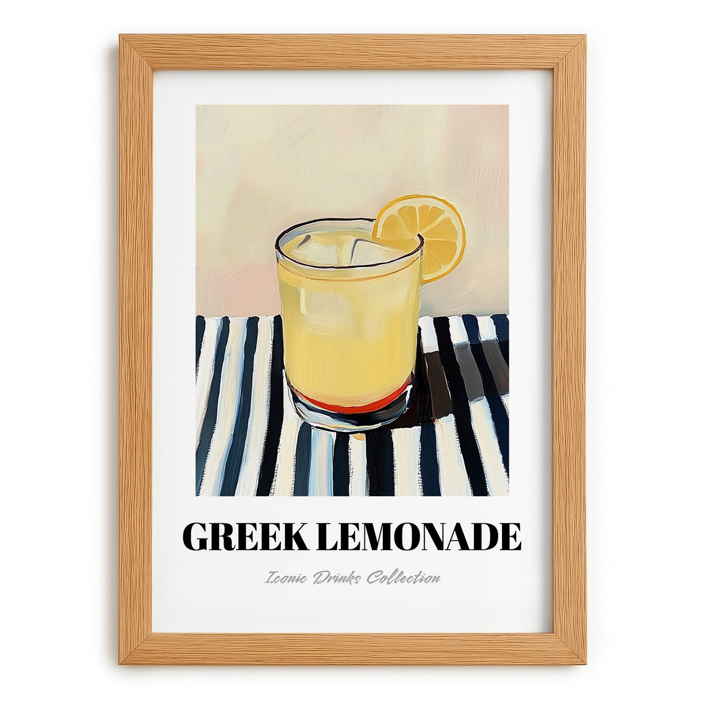 Greek Lemonade – on Striped Tablecloth, Greek Lemonade Still Life, set in oak frame