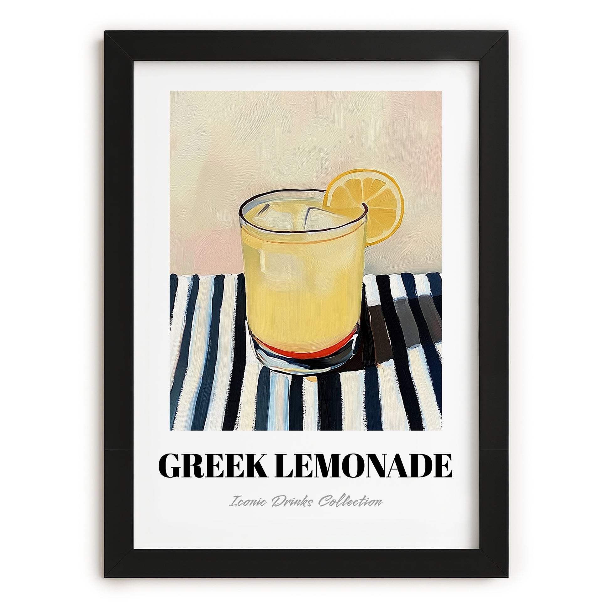 Greek Lemonade – on Striped Tablecloth, Greek Lemonade Still Life, in sleek black frame