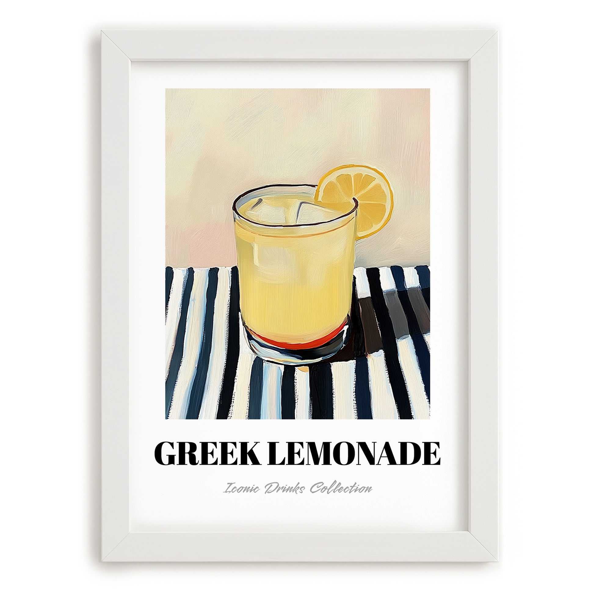 Greek Lemonade – on Striped Tablecloth, Greek Lemonade Still Life, placed in minimal white frame