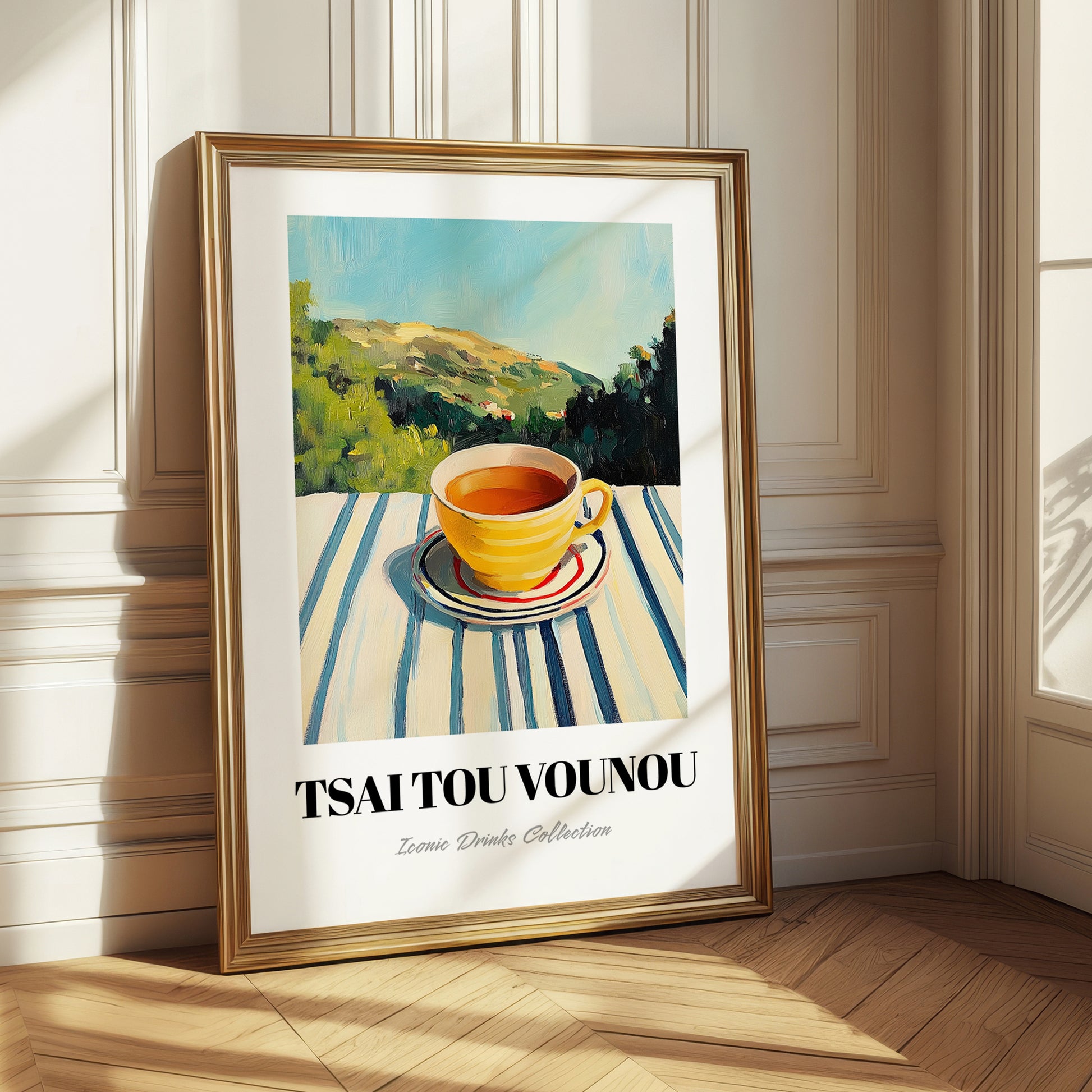 Tsai Tou Vounou Beverage – Greek Hilltop Café Scene, Greek Coffee Poster