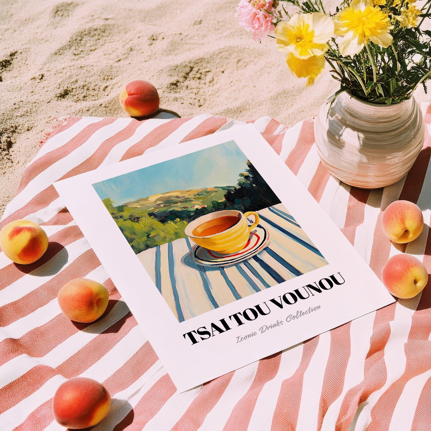 Tsai Tou Vounou Beverage – Greek Hilltop Café Scene, Greek Coffee Poster, unframed on coastal sand