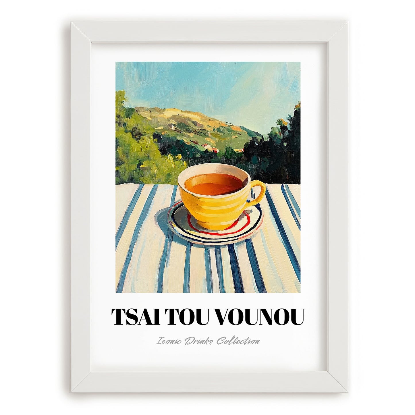 Tsai Tou Vounou Beverage – Greek Hilltop Café Scene, Greek Coffee Poster, placed in minimal white frame
