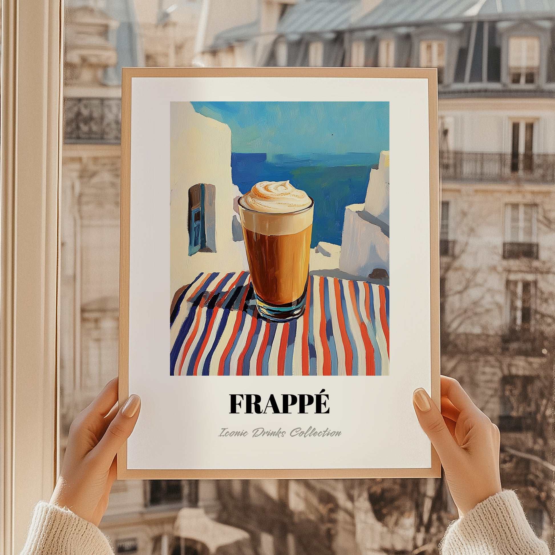 Frappé – Greek Coastal Table, Greek Coffee Illustration, styled in a charming Paris street view