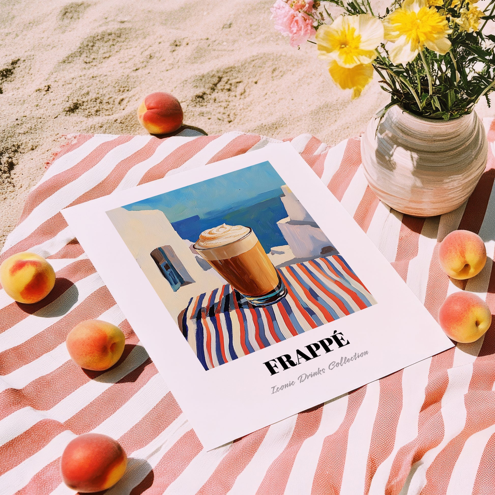 Frappé – Greek Coastal Table, Greek Coffee Illustration, unframed on coastal sand