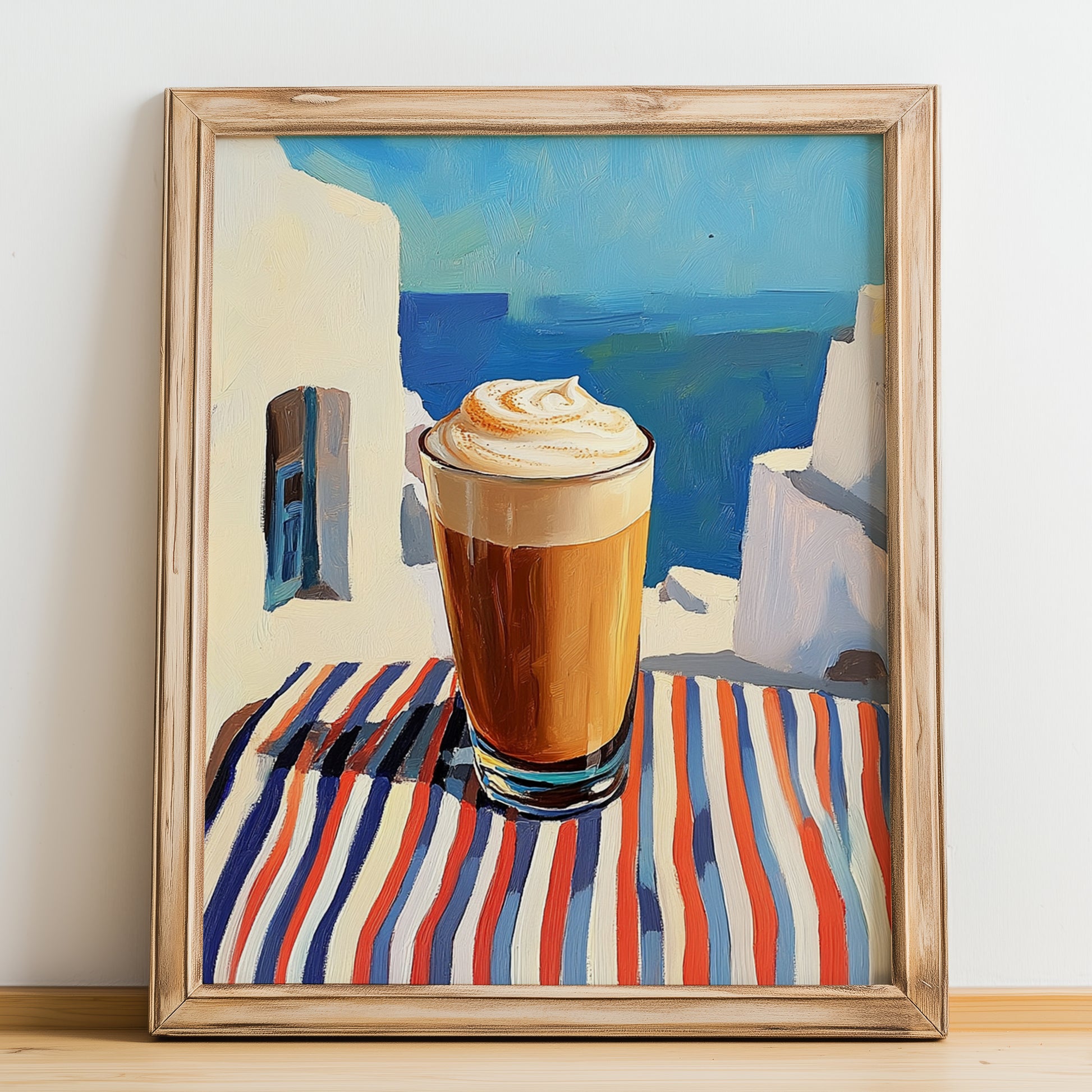 Frappé – Greek Coastal Table, Greek Coffee Illustration, no-text version framed in wood