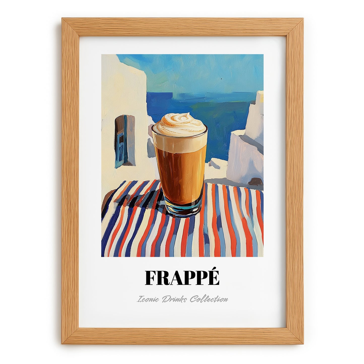 Frappé – Greek Coastal Table, Greek Coffee Illustration, set in oak frame