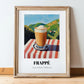 Frappé – Greek Hillside Café View, Greek Coffee Painting, in wooden frame leaning on the floor
