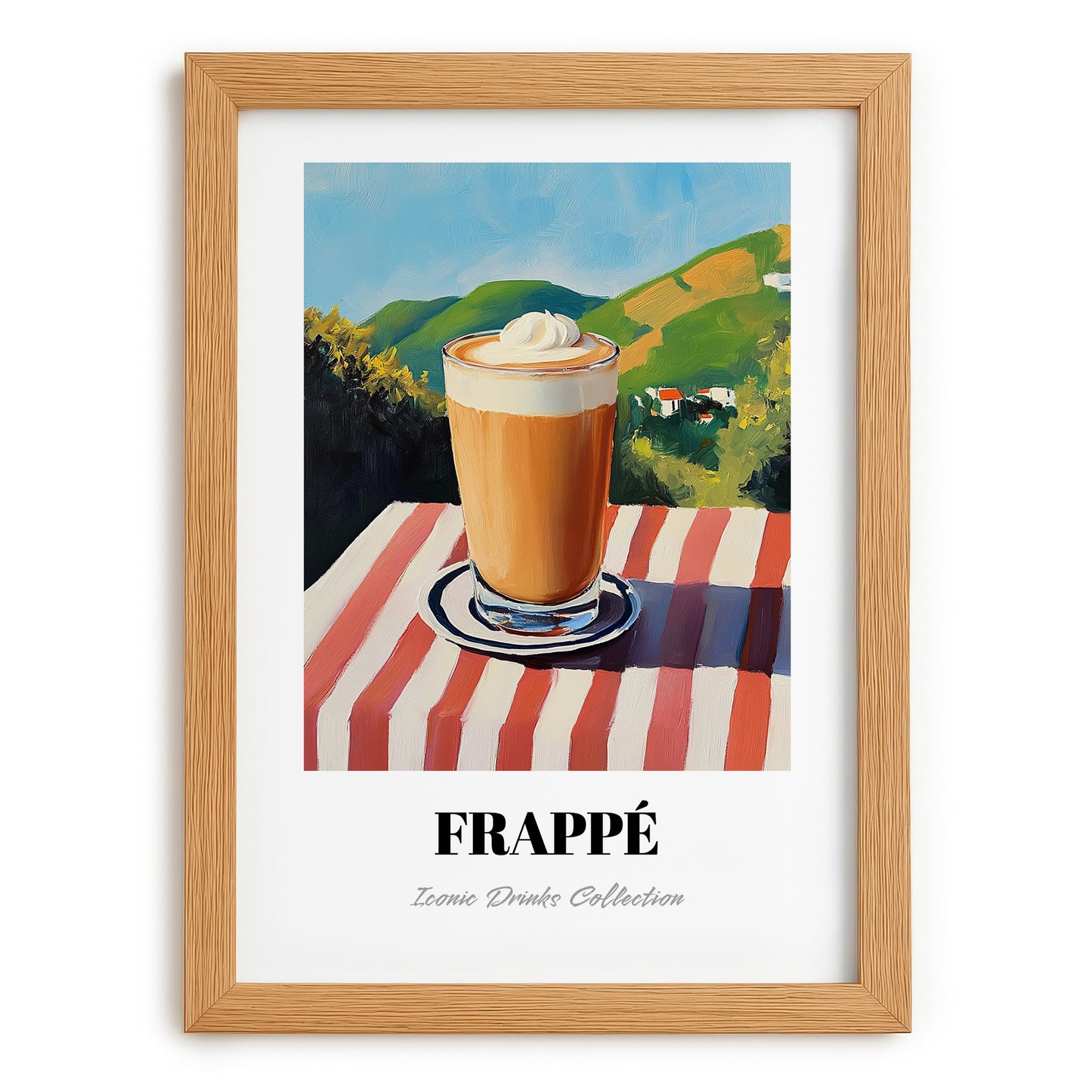 Frappé – Greek Hillside Café View, Greek Coffee Painting, set in oak frame