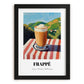 Frappé – Greek Hillside Café View, Greek Coffee Painting, in sleek black frame
