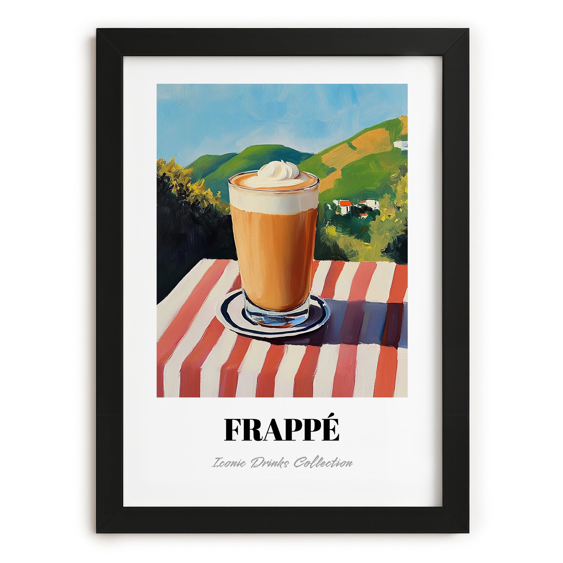 Frappé – Greek Hillside Café View, Greek Coffee Painting, in sleek black frame