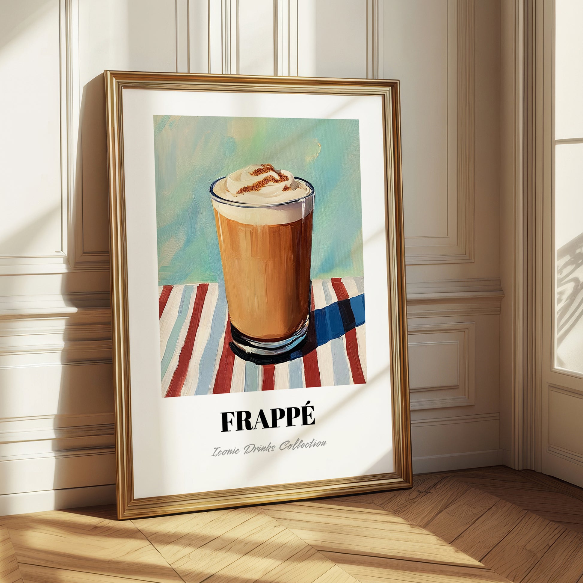 Frappé – on Striped Tablecloth, Greek Coffee Poster
