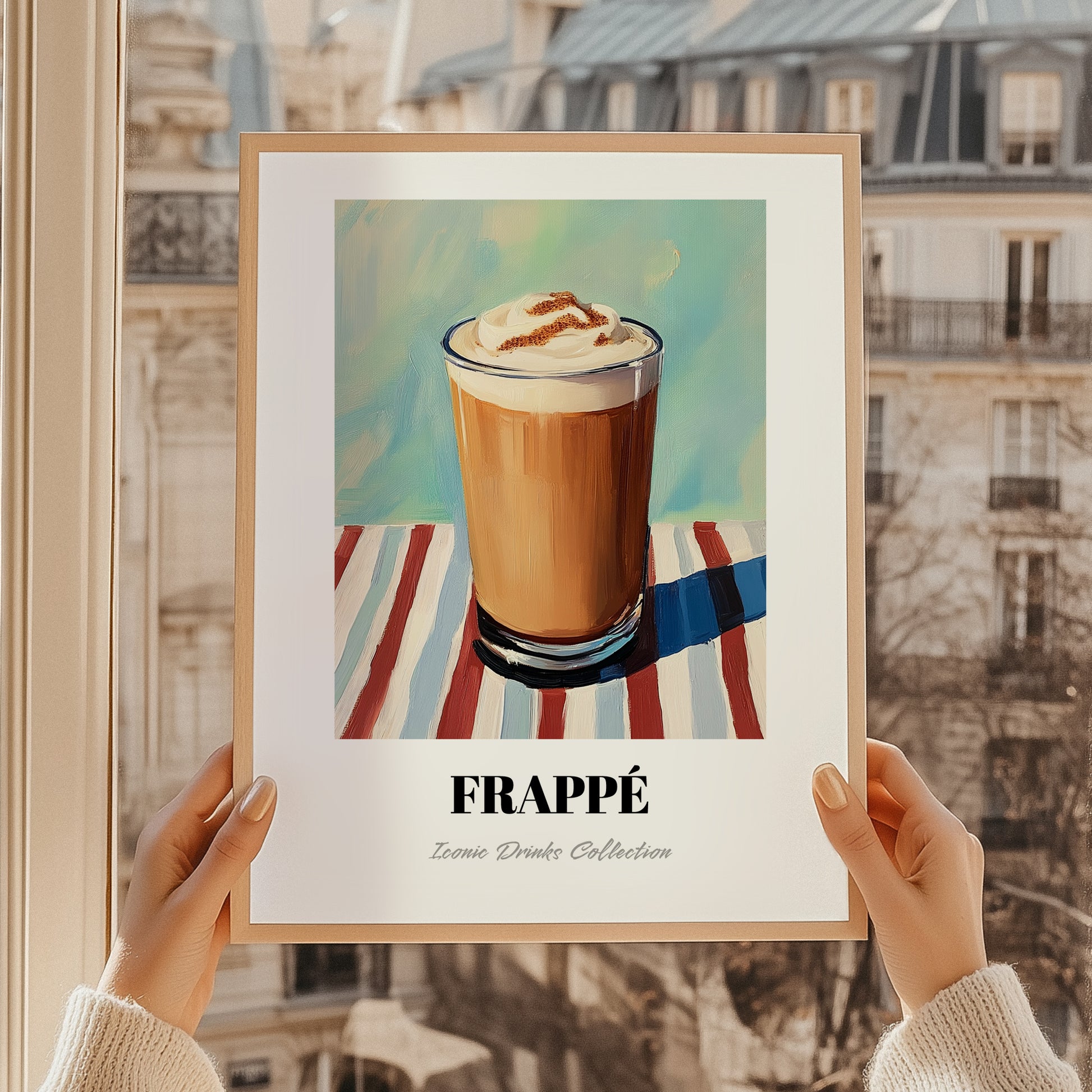 Frappé – on Striped Tablecloth, Greek Coffee Poster, styled in a charming Paris street view