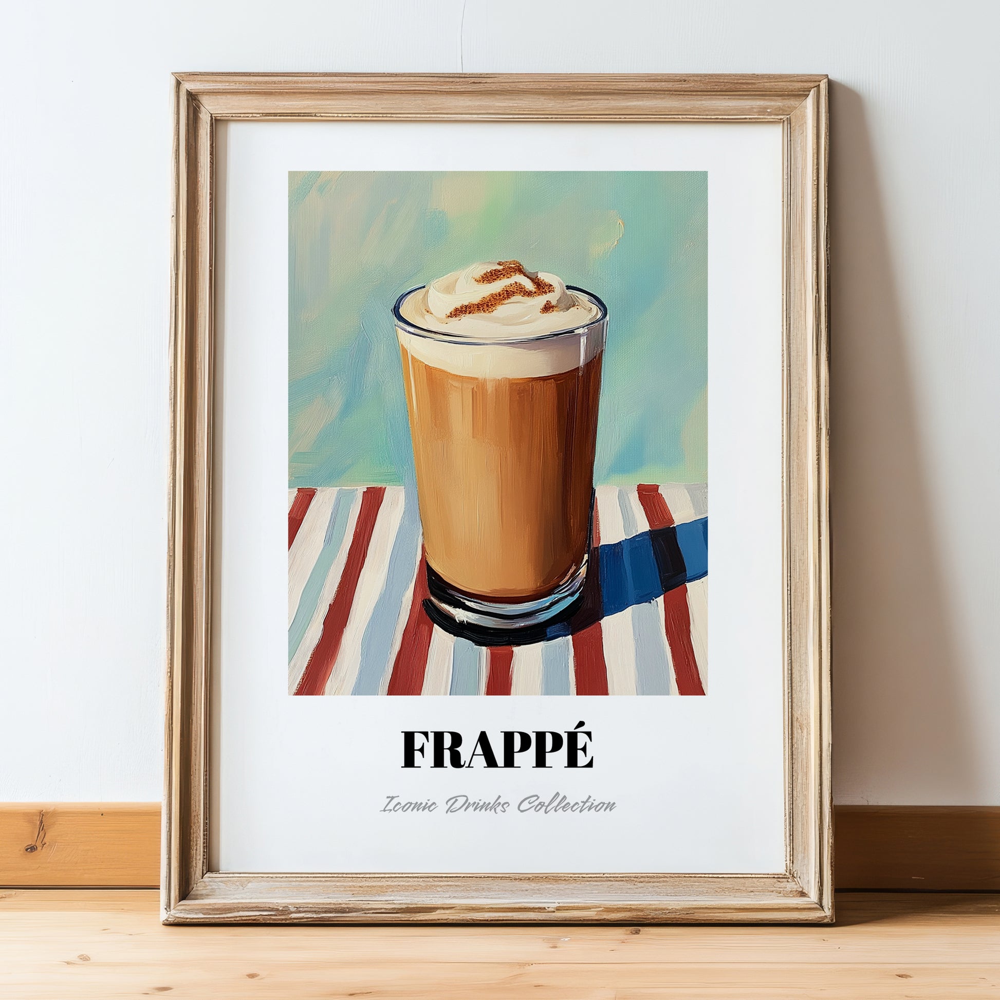 Frappé – on Striped Tablecloth, Greek Coffee Poster, in wooden frame leaning on the floor