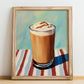 Frappé – on Striped Tablecloth, Greek Coffee Poster, no-text version framed in wood