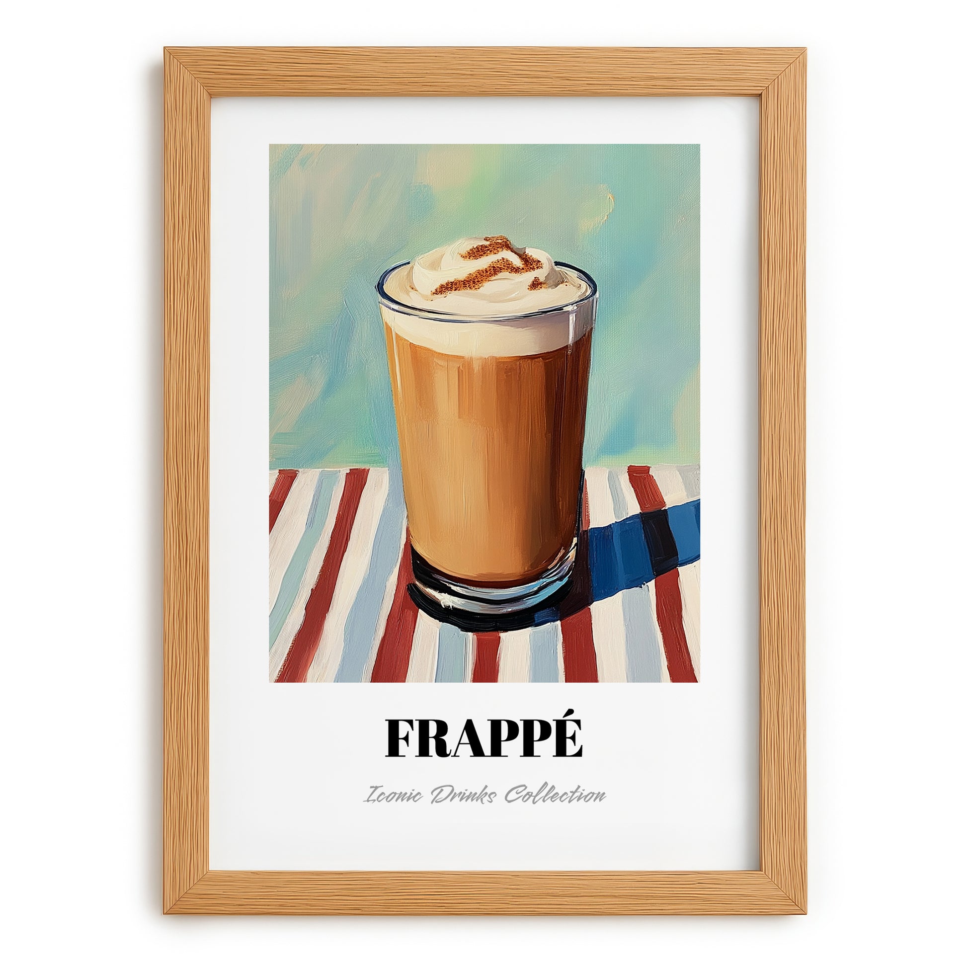 Frappé – on Striped Tablecloth, Greek Coffee Poster, set in oak frame