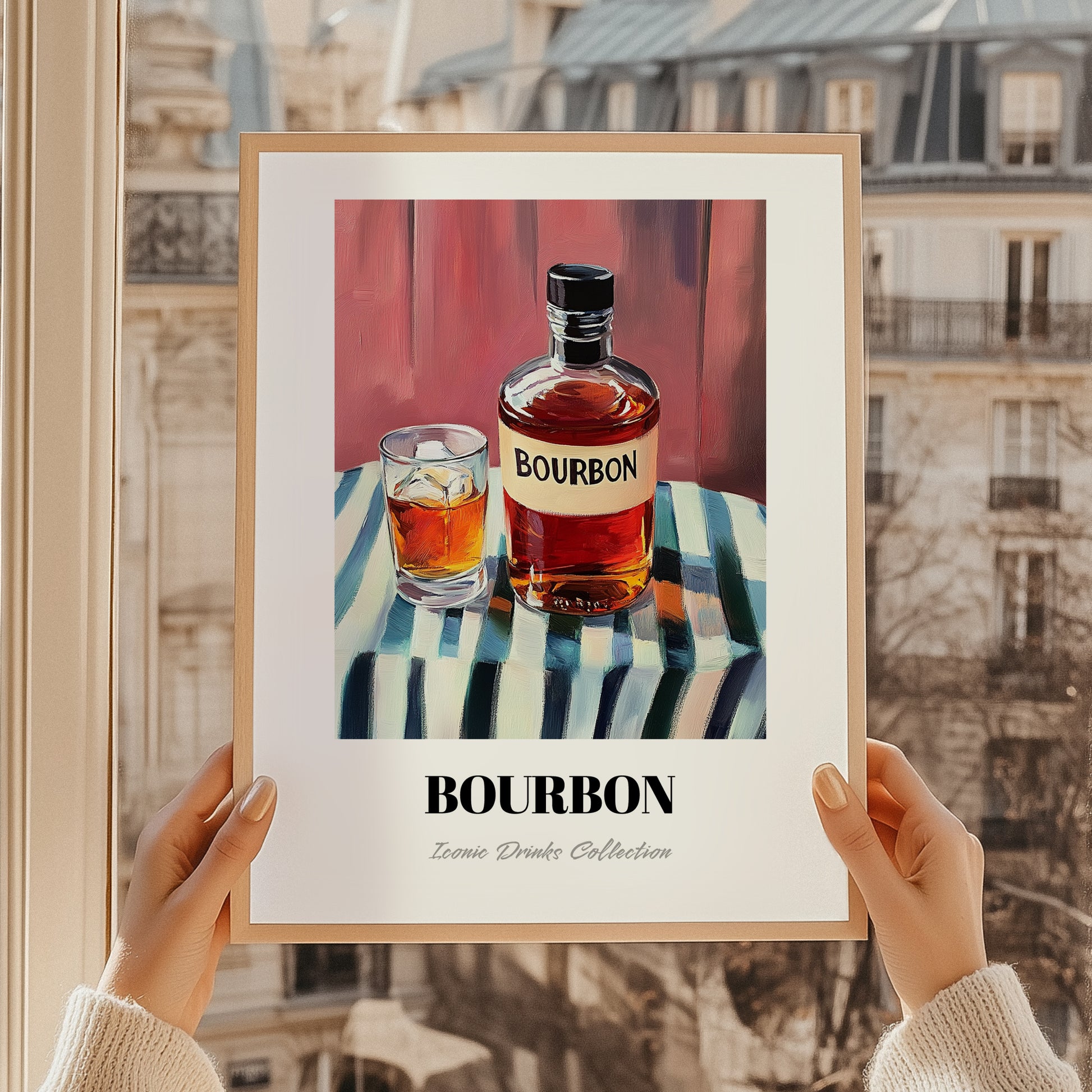 Bourbon – on Striped Tablecloth, American Whiskey Print, styled in a charming Paris street view