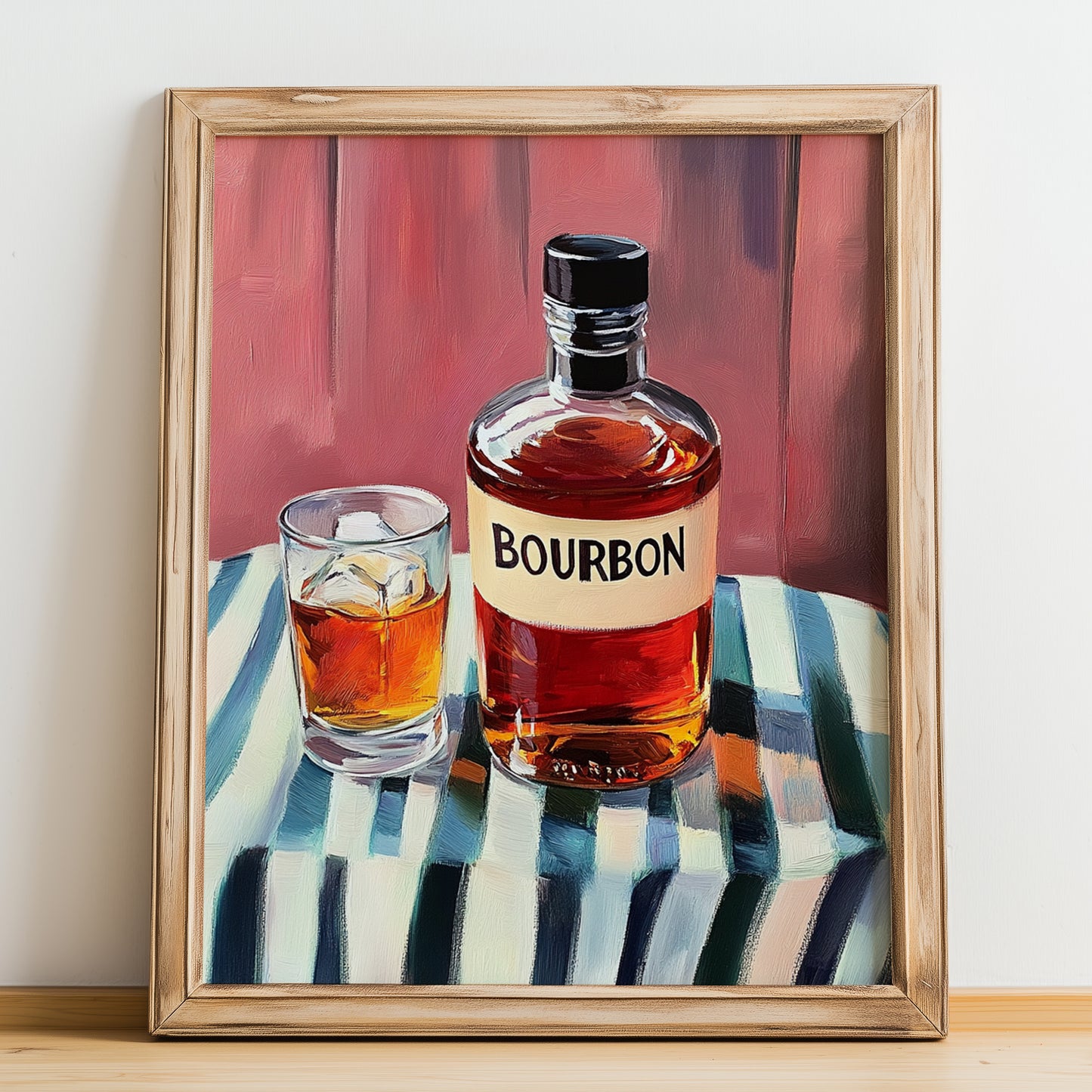 Bourbon – on Striped Tablecloth, American Whiskey Print, no-text version framed in wood