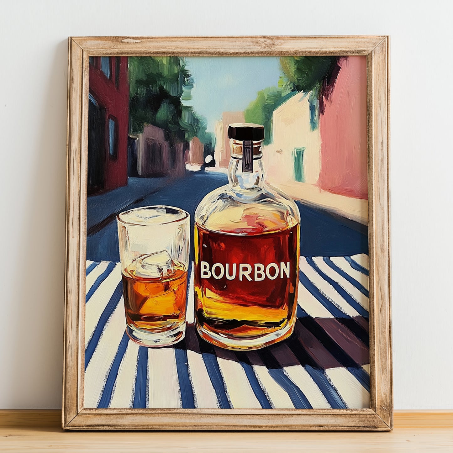 Bourbon – American Outdoor Café Scene, American Whiskey Wall Decor, no-text version framed in wood