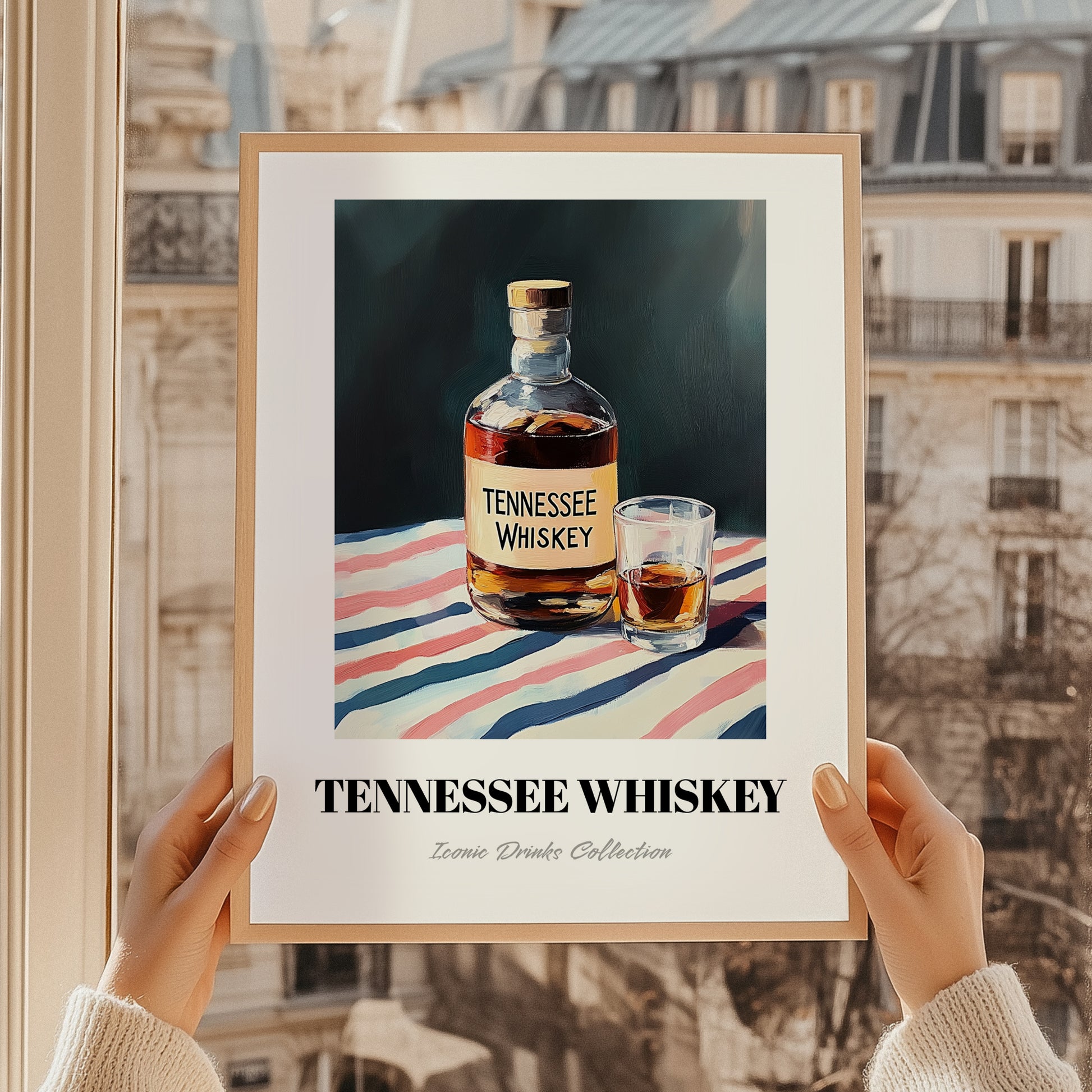 Tennessee Whiskey – on Striped Tablecloth, American Whiskey Painting, styled in a charming Paris street view