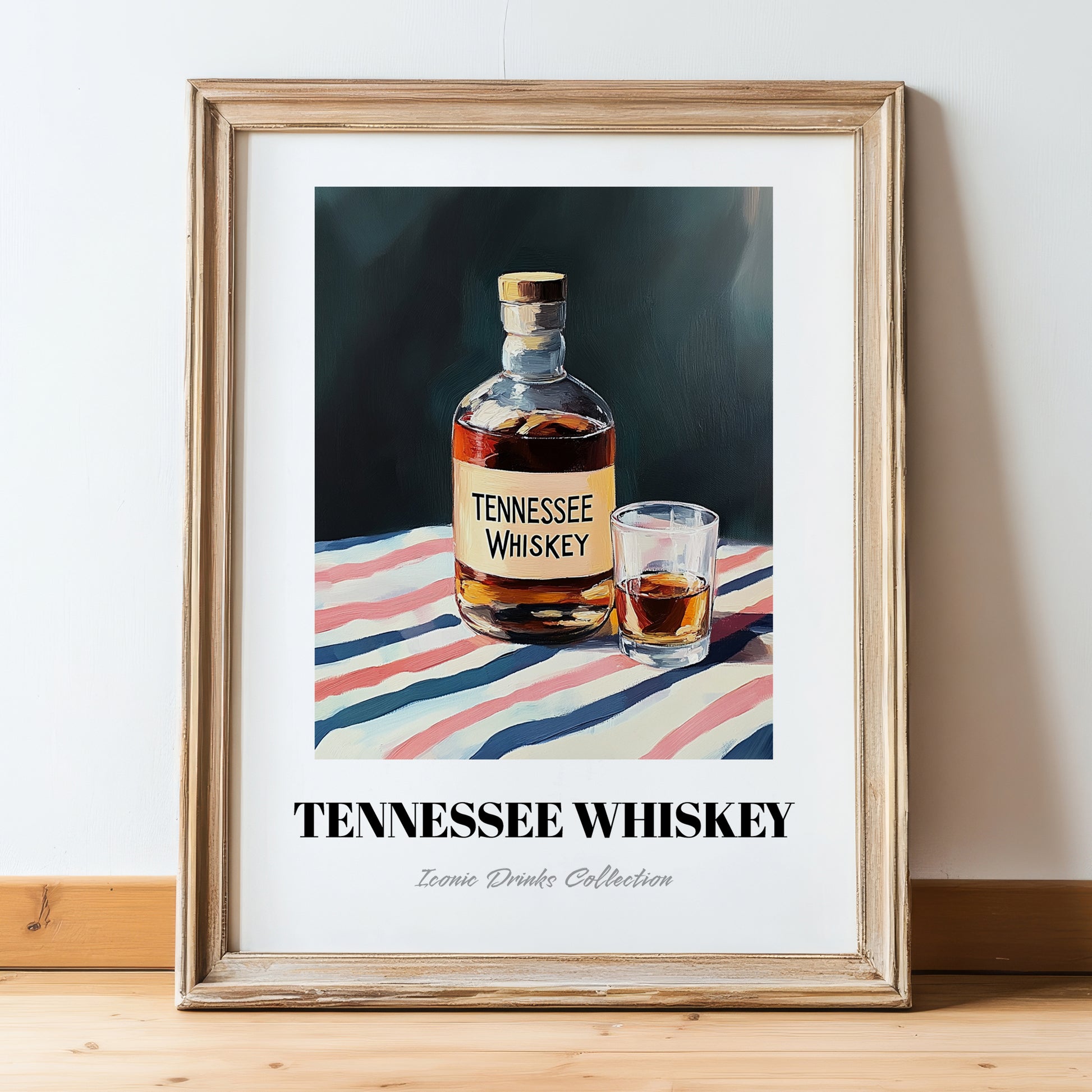 Tennessee Whiskey – on Striped Tablecloth, American Whiskey Painting, in wooden frame leaning on the floor