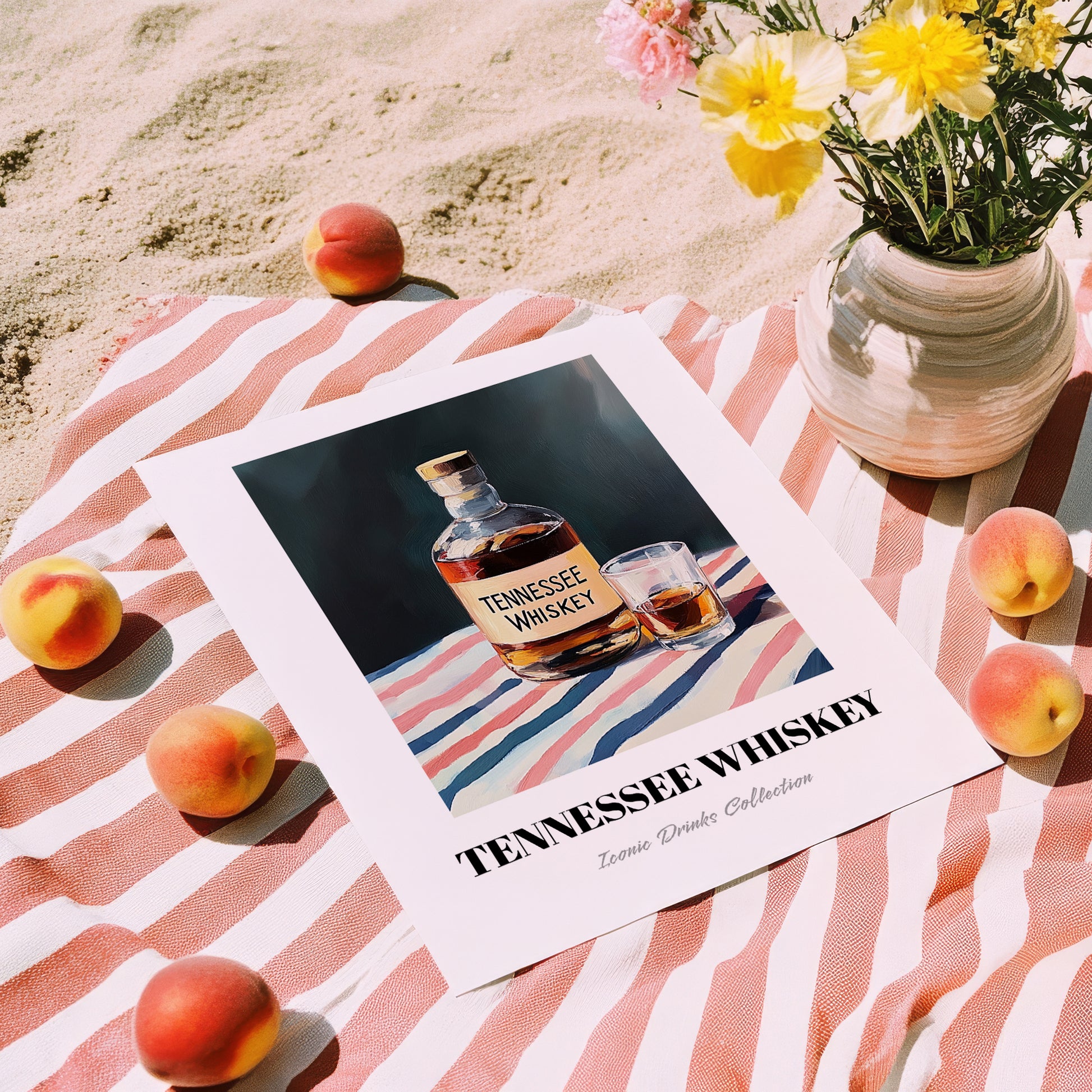 Tennessee Whiskey – on Striped Tablecloth, American Whiskey Painting, unframed on coastal sand