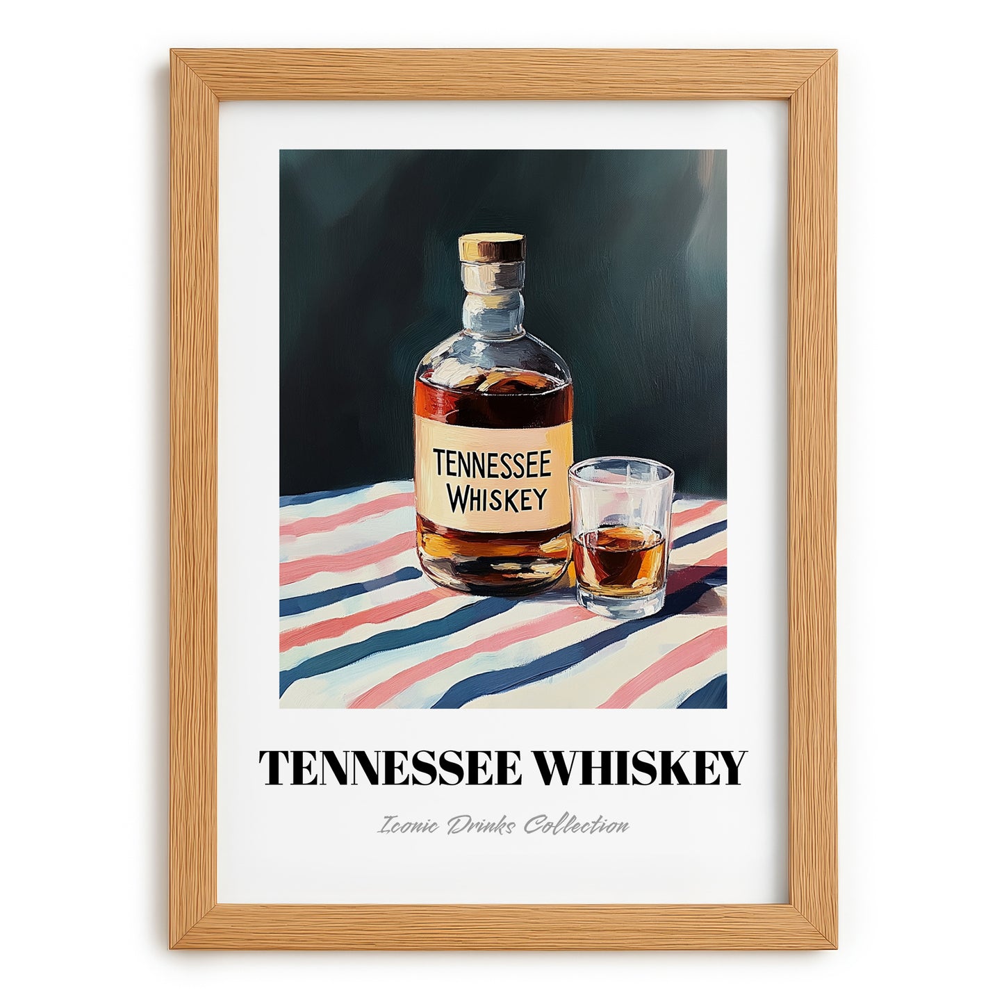 Tennessee Whiskey – on Striped Tablecloth, American Whiskey Painting, set in oak frame