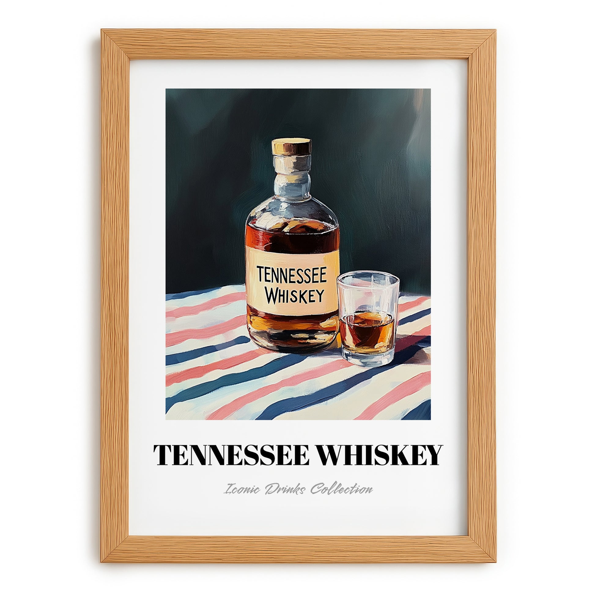 Tennessee Whiskey – on Striped Tablecloth, American Whiskey Painting, set in oak frame