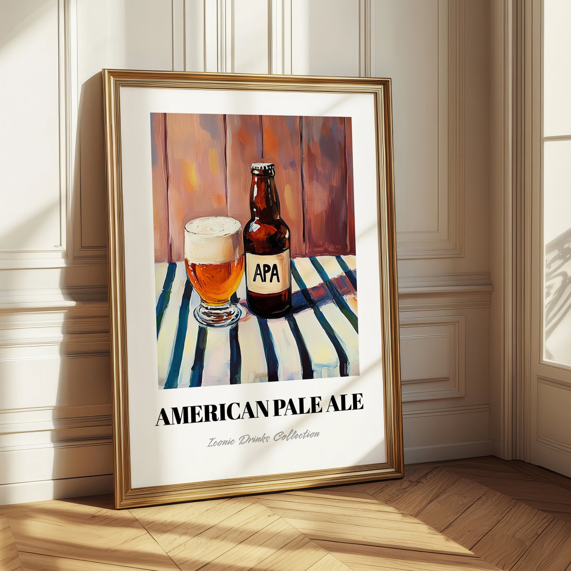 American Pale Ale (APA) – on Striped Tablecloth, American Beer Illustration