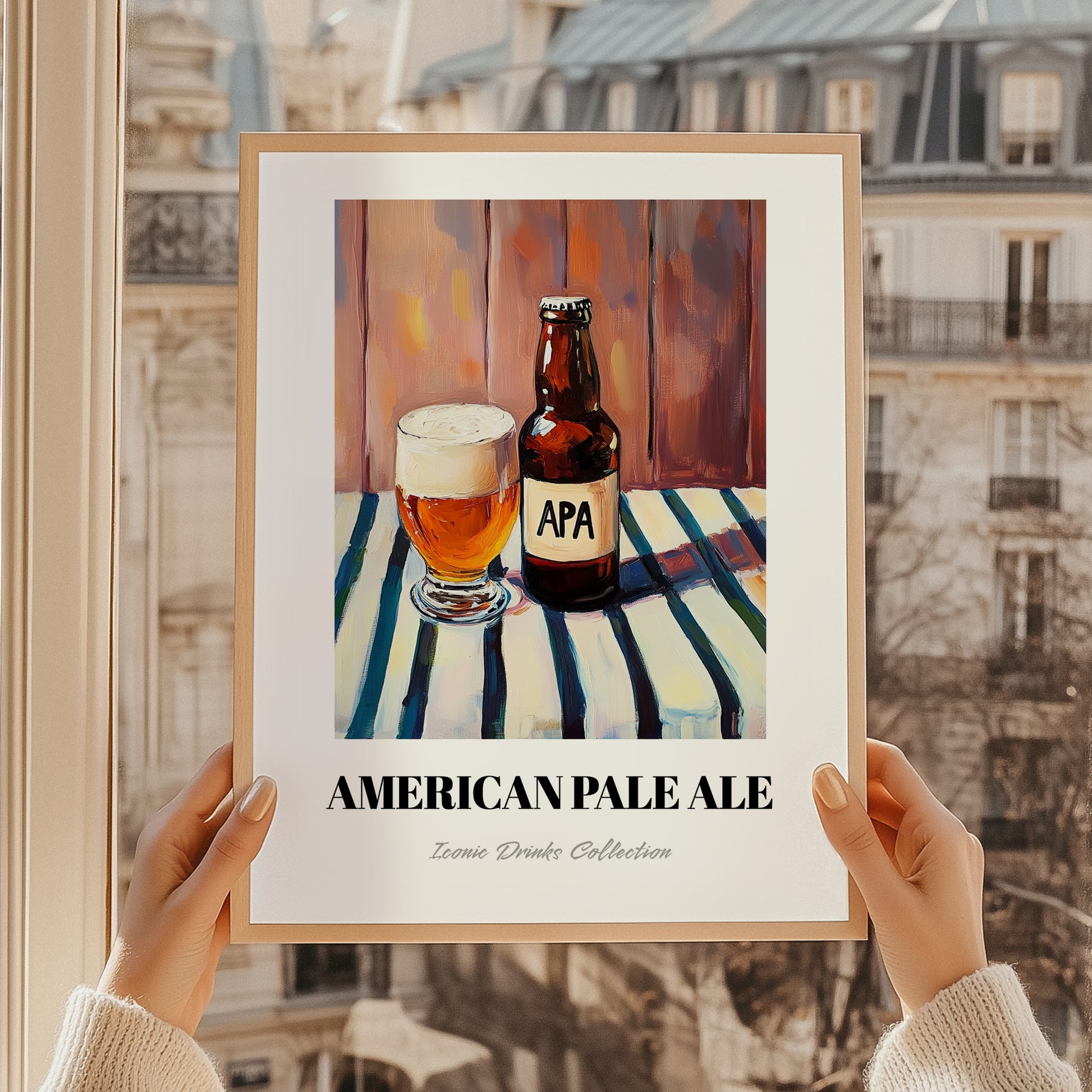 American Pale Ale (APA) – on Striped Tablecloth, American Beer Illustration, styled in a charming Paris street view