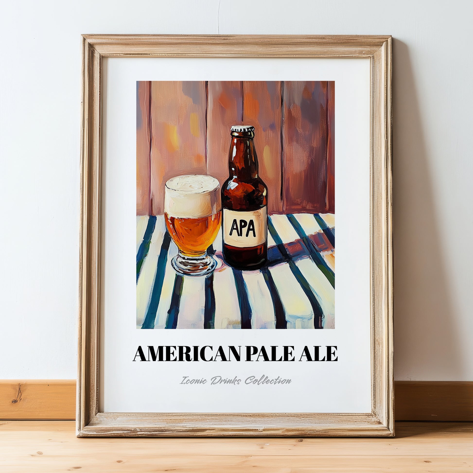 American Pale Ale (APA) – on Striped Tablecloth, American Beer Illustration, in wooden frame leaning on the floor