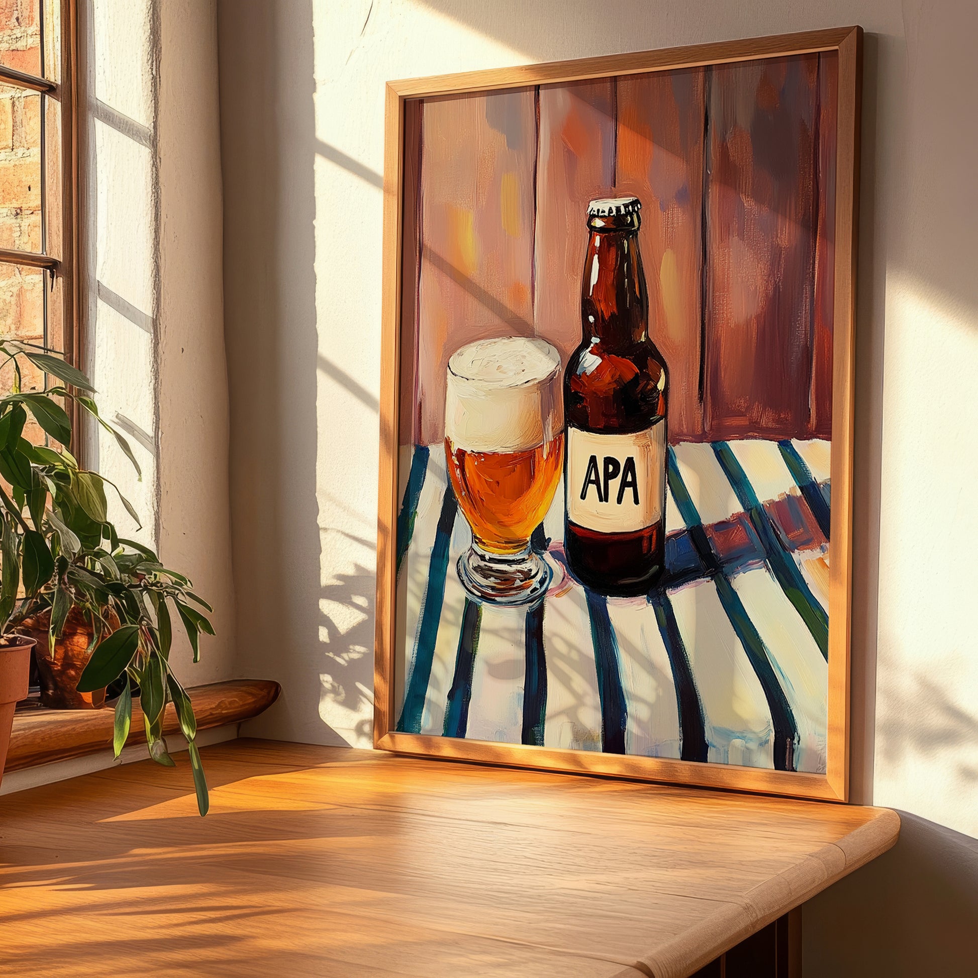 American Pale Ale (APA) – on Striped Tablecloth, American Beer Illustration, clean layout with no caption