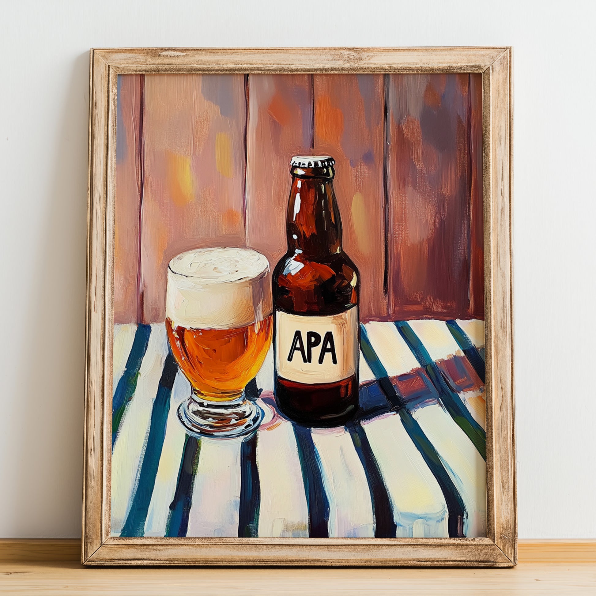 American Pale Ale (APA) – on Striped Tablecloth, American Beer Illustration, no-text version framed in wood