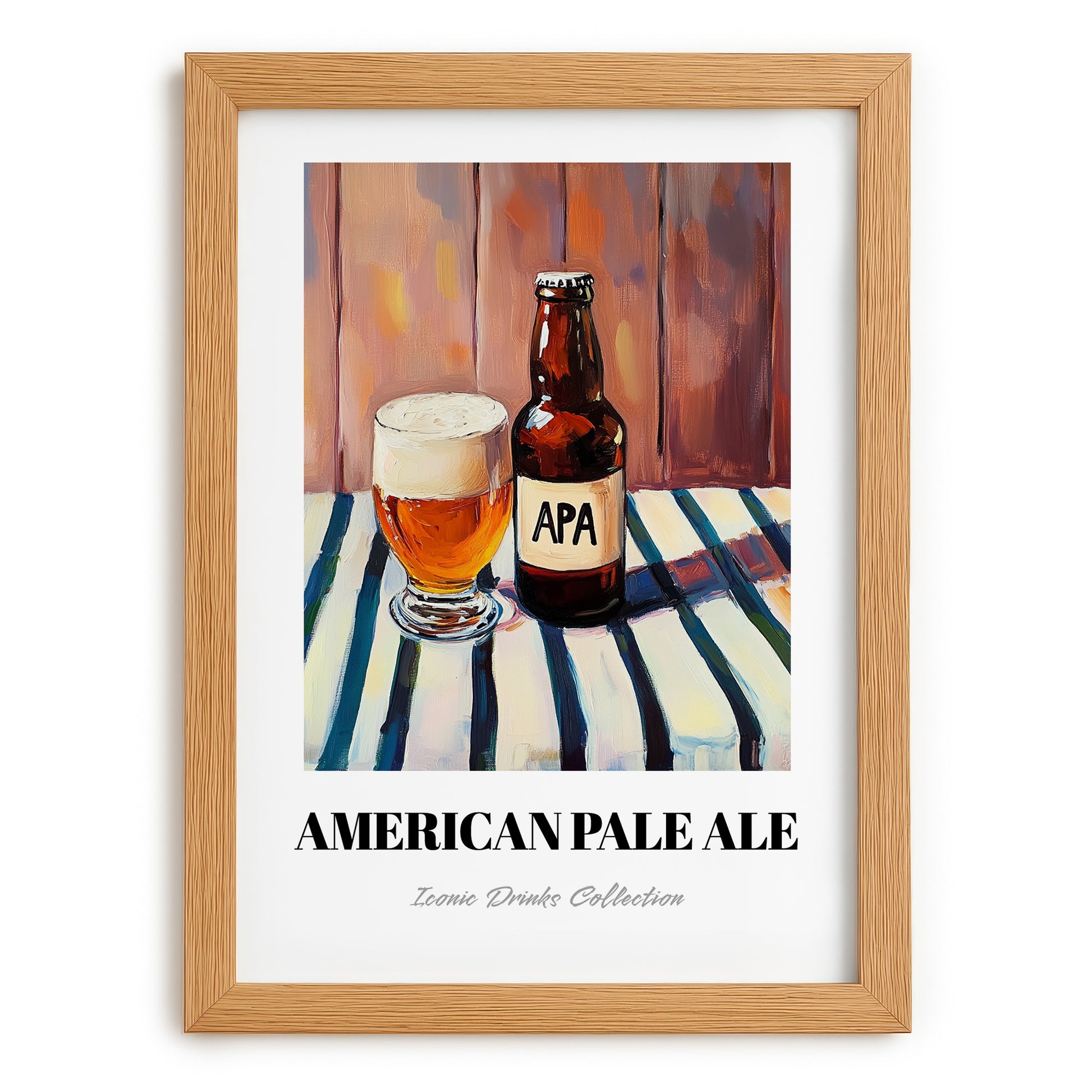 American Pale Ale (APA) – on Striped Tablecloth, American Beer Illustration, set in oak frame