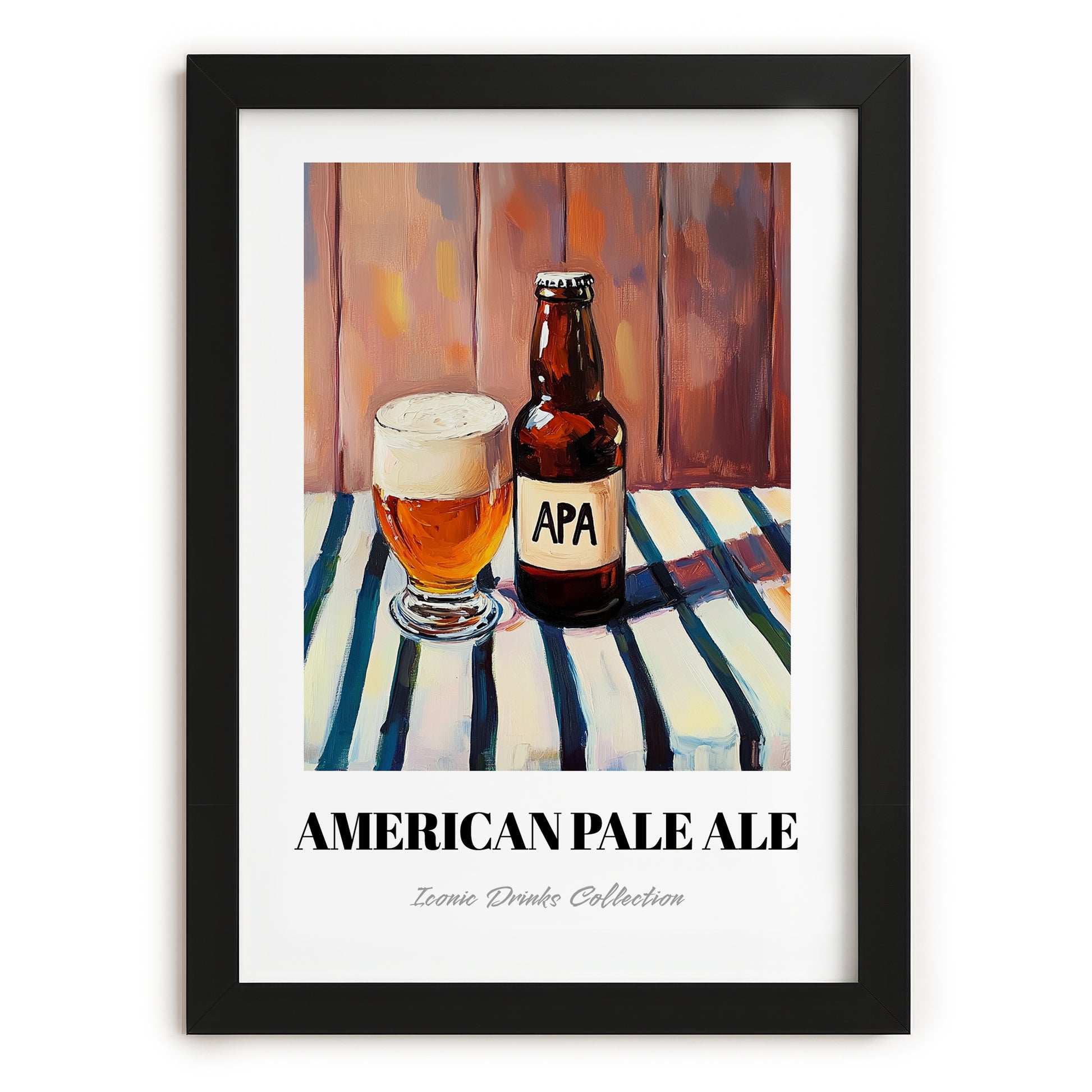 American Pale Ale (APA) – on Striped Tablecloth, American Beer Illustration, in sleek black frame