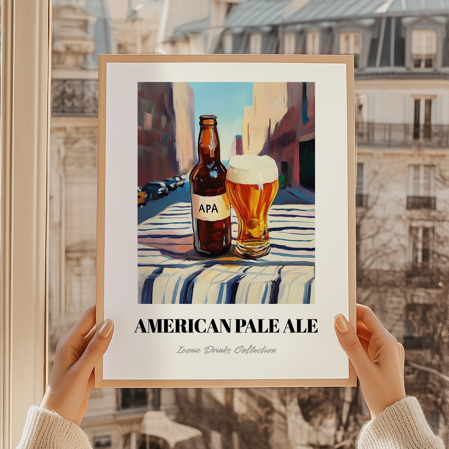 APA (American Pale Ale) – American Urban Café Scene, American Beer Still Life, styled in a charming Paris street view