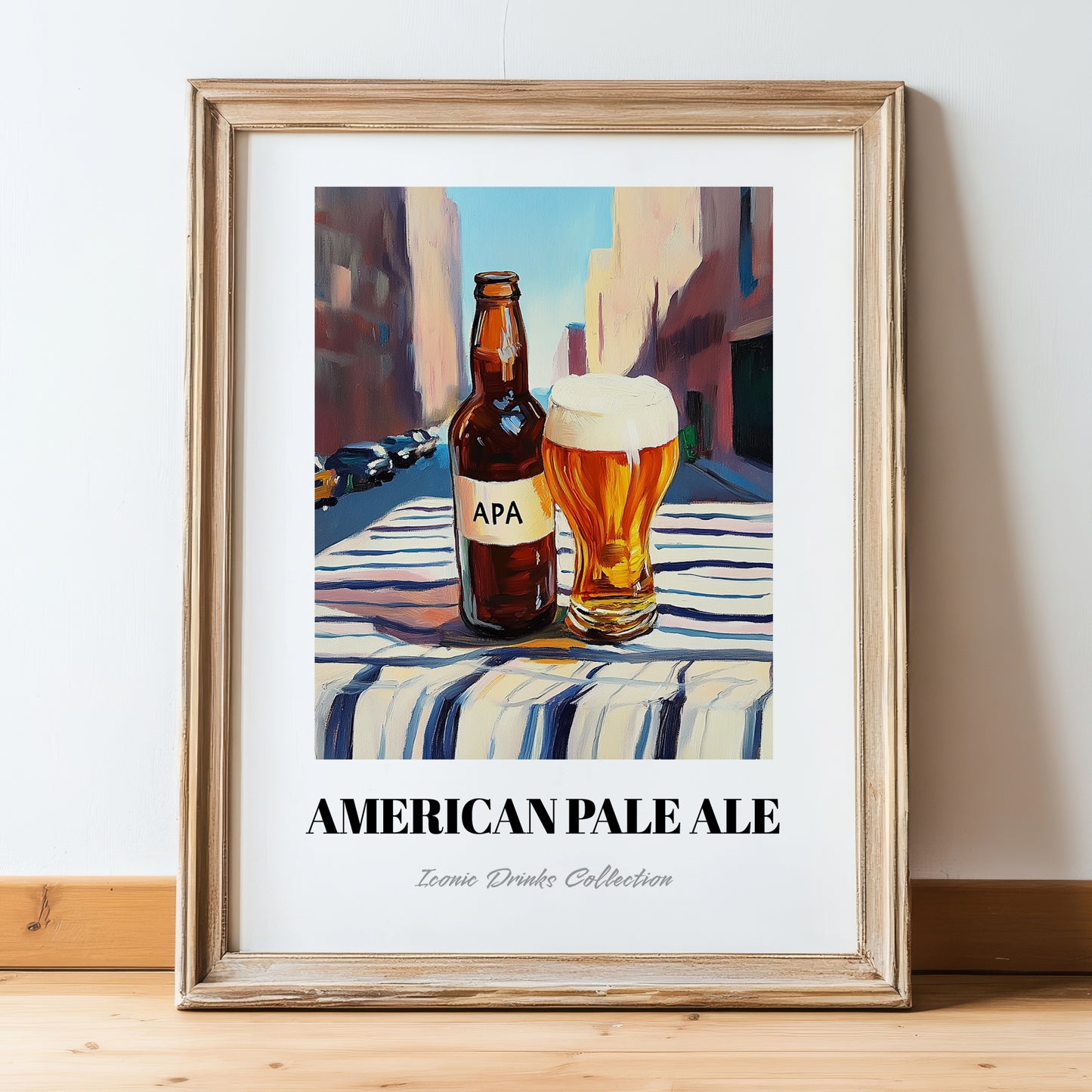 APA (American Pale Ale) – American Urban Café Scene, American Beer Still Life, in wooden frame leaning on the floor