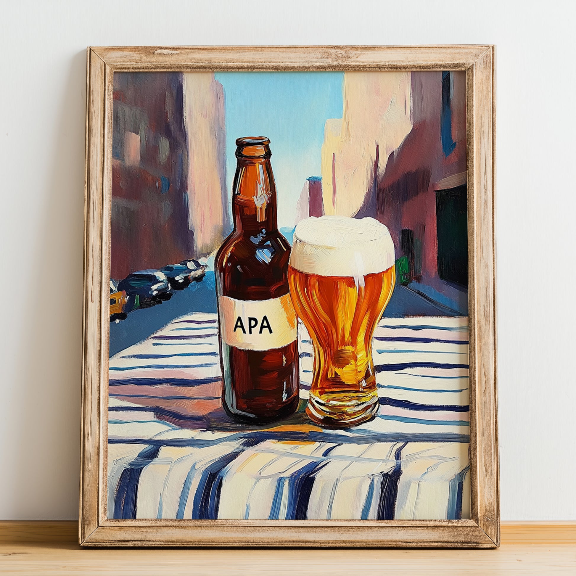 APA (American Pale Ale) – American Urban Café Scene, American Beer Still Life, no-text version framed in wood