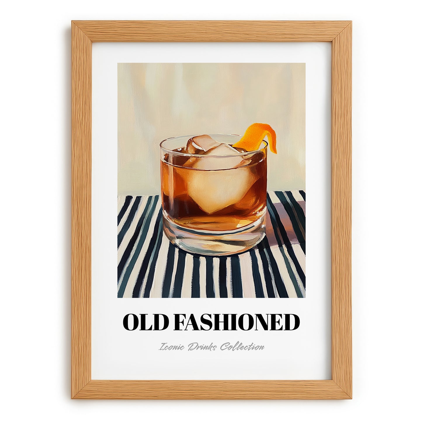 Old Fashioned – on Striped Tablecloth, American Cocktail Wall Art, set in oak frame