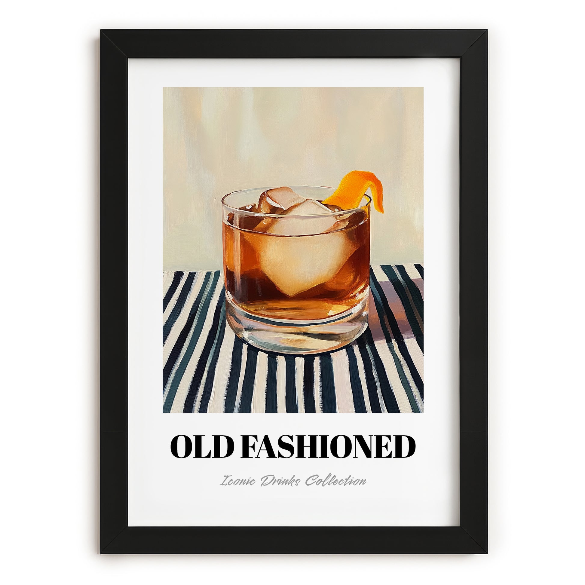 Old Fashioned – on Striped Tablecloth, American Cocktail Wall Art, in sleek black frame