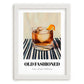 Old Fashioned – on Striped Tablecloth, American Cocktail Wall Art, placed in minimal white frame