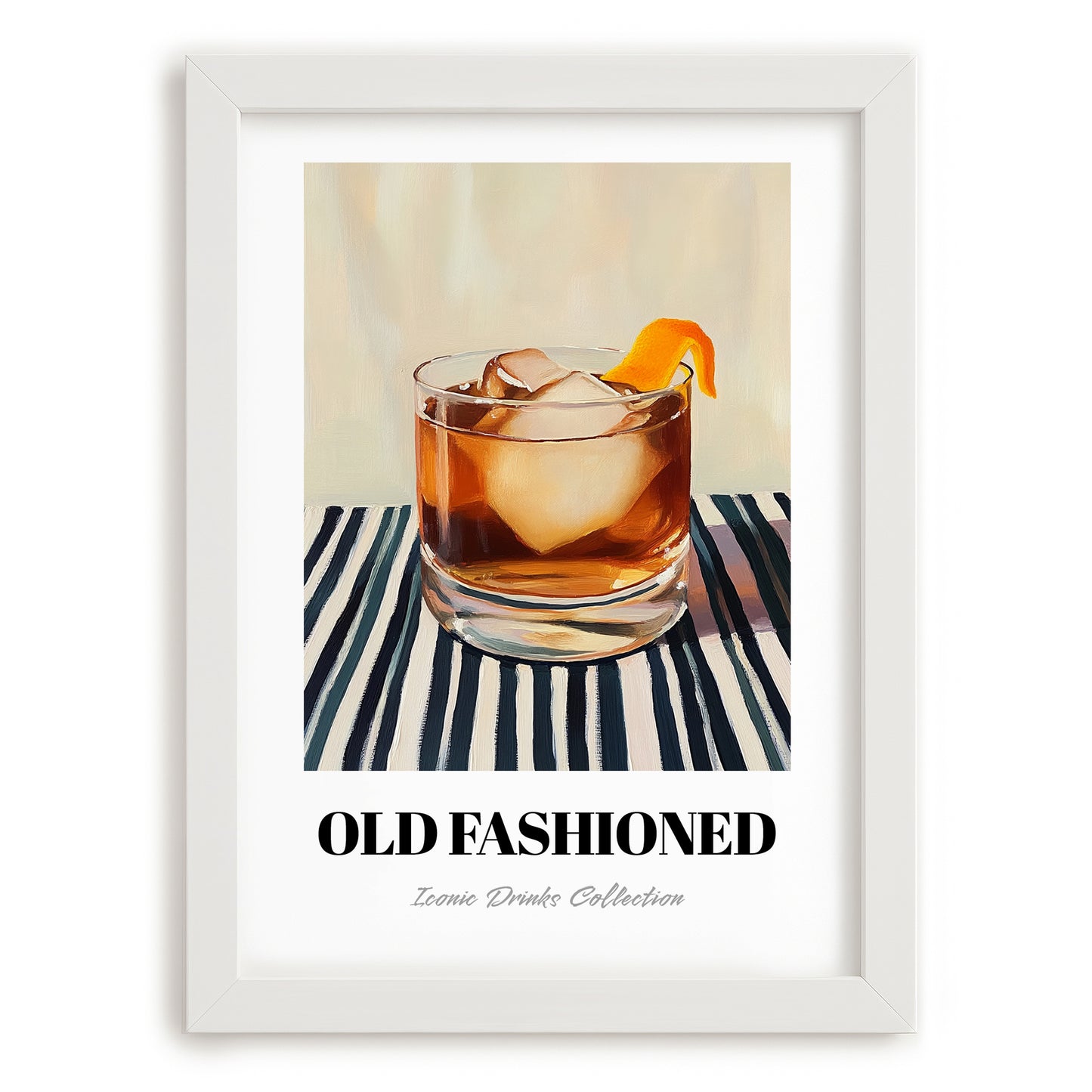 Old Fashioned – on Striped Tablecloth, American Cocktail Wall Art, placed in minimal white frame