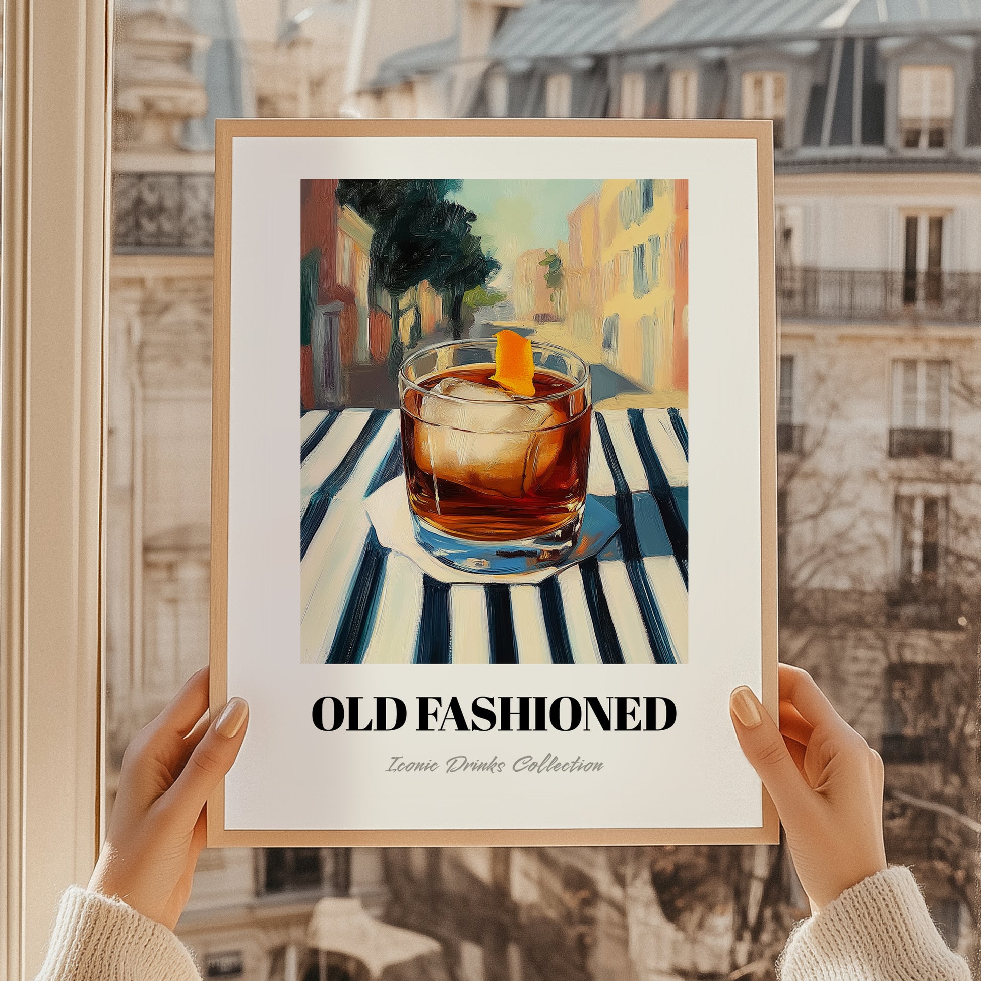 Old Fashioned – American Café on the Corner, American Cocktail Painting, styled in a charming Paris street view