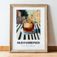 Old Fashioned – American Café on the Corner, American Cocktail Painting, in wooden frame leaning on the floor