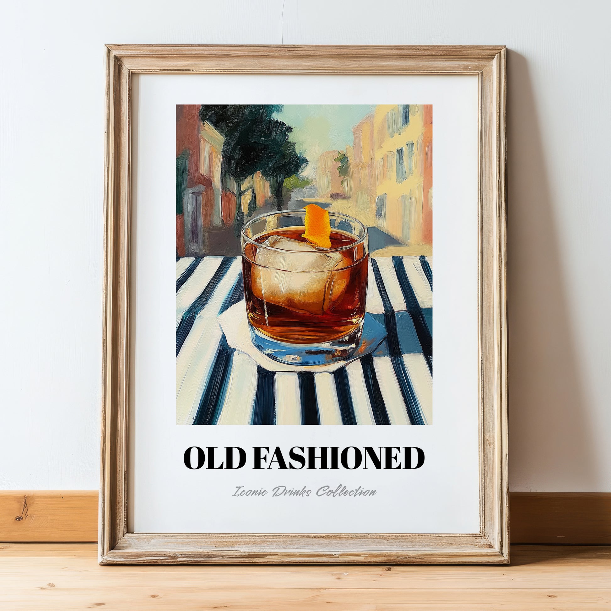 Old Fashioned – American Café on the Corner, American Cocktail Painting, in wooden frame leaning on the floor