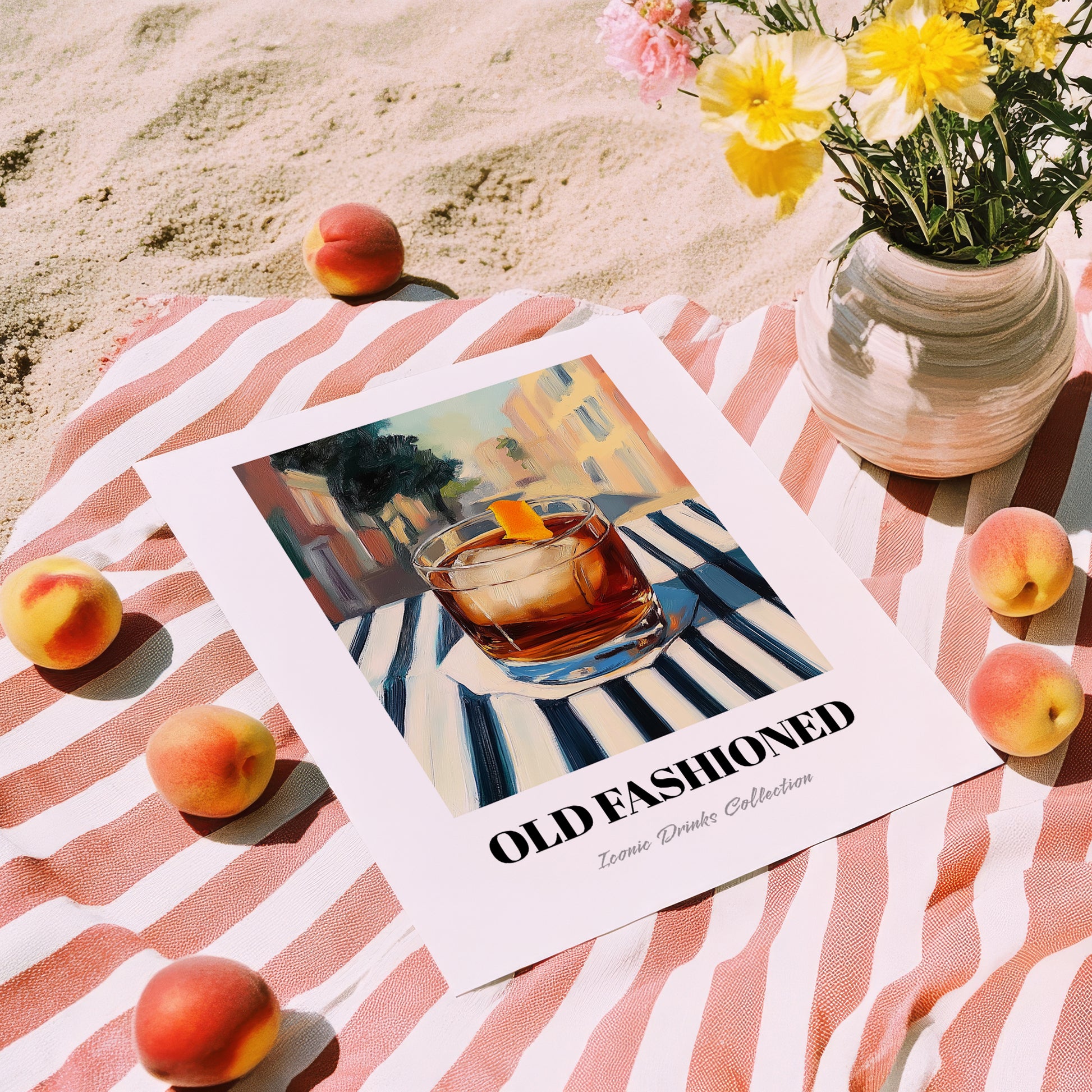 Old Fashioned – American Café on the Corner, American Cocktail Painting, unframed on coastal sand